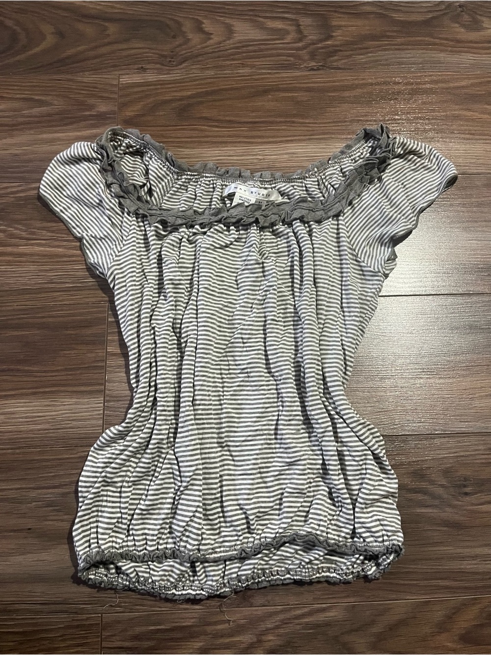 Max Studio Gray & White Striped Ruffle-Neck Crop Top - Picture 2 of 3
